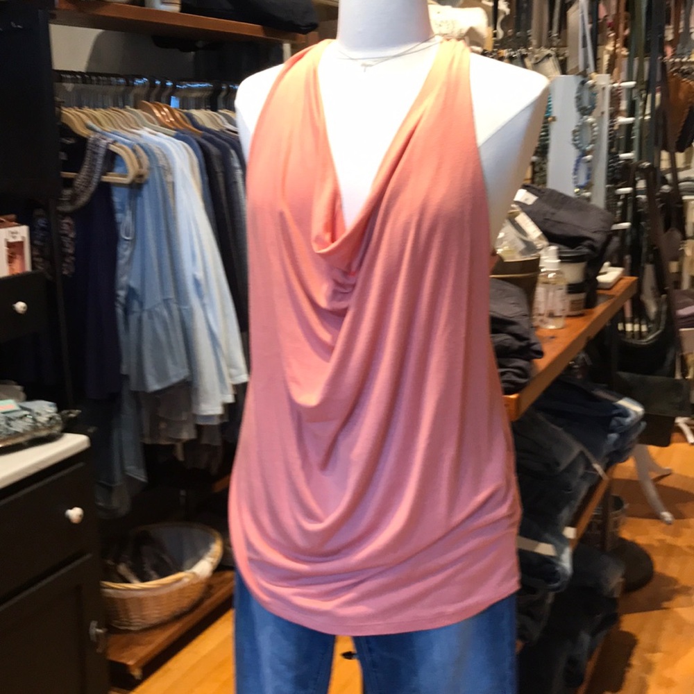 Drape front tie neck top. In dusty coral